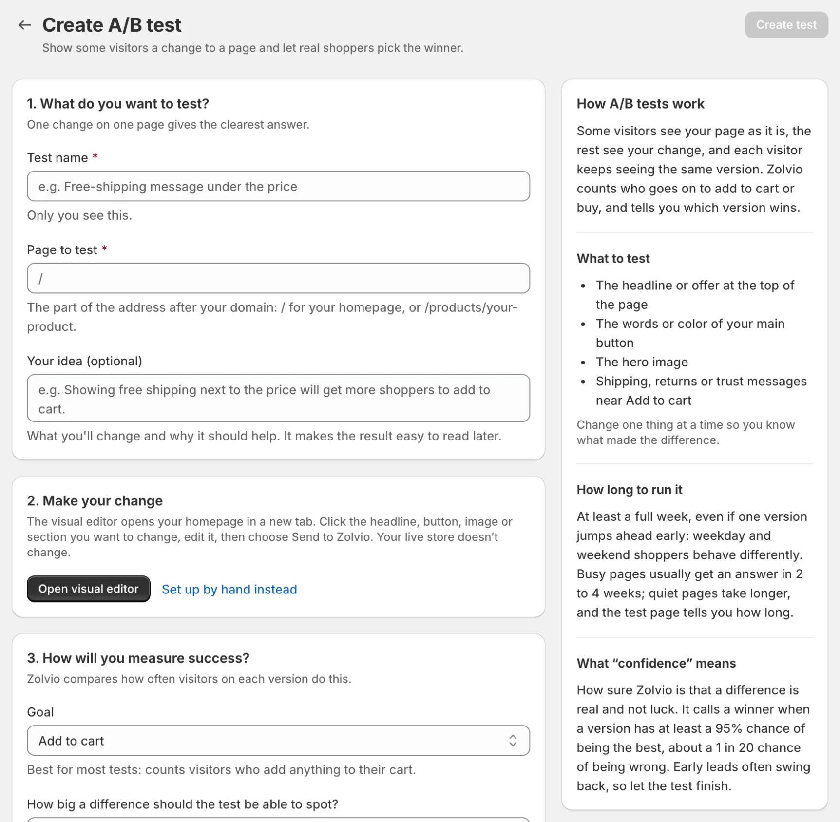 Create A/B test form with guidance
