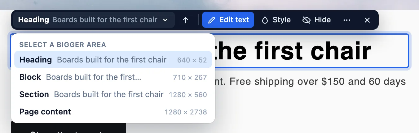 Select a bigger area menu in the visual editor