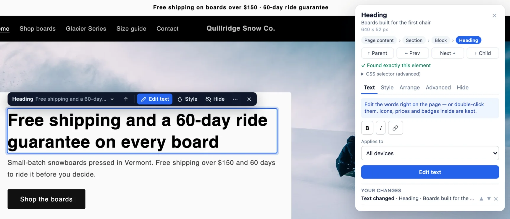 A changed heading and the side panel's Your changes list