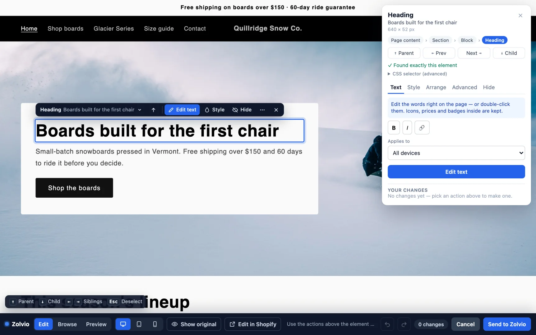 Zolvio visual editor on the storefront with a heading selected