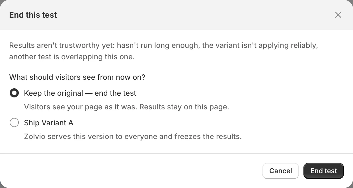 End this test dialog