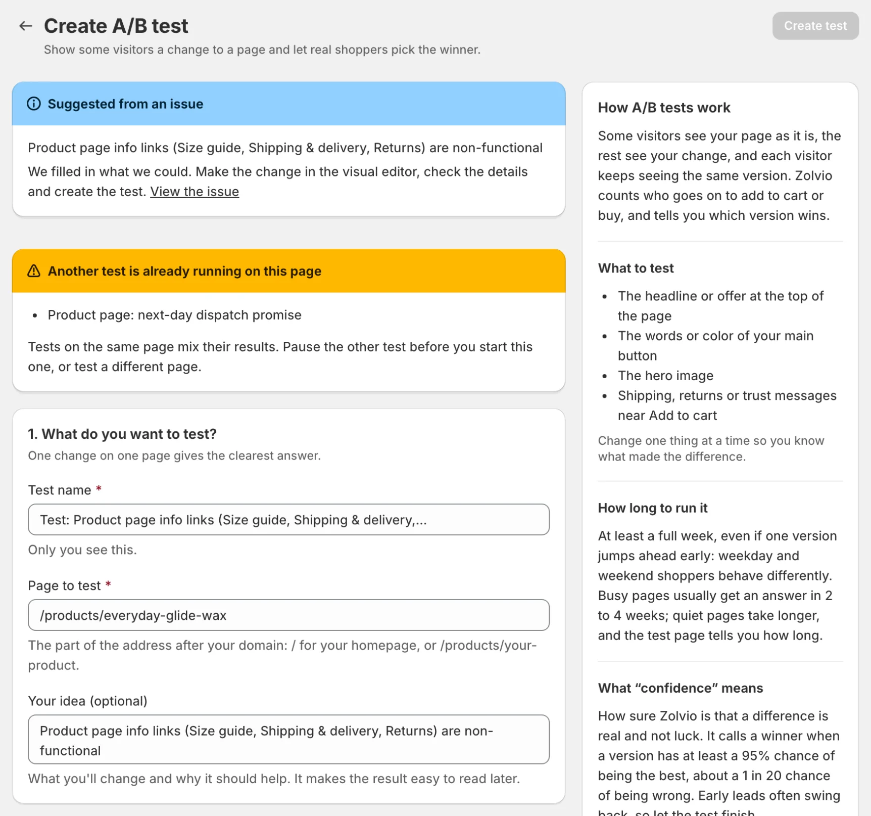 Create A/B test prefilled from an issue