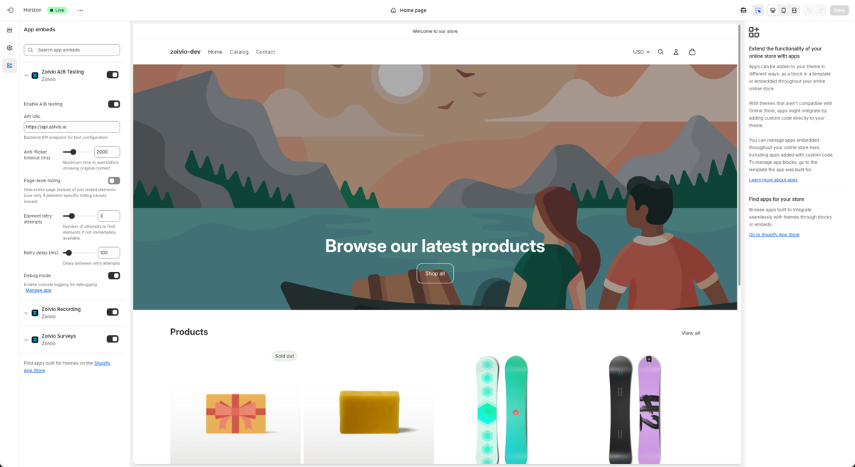 Shopify theme editor: Zolvio A/B Testing app embed enabled