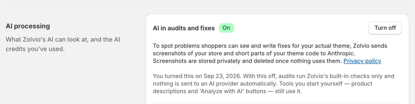 Settings, AI processing: AI in audits and fixes