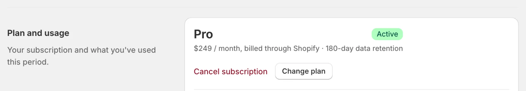 Settings, Plan and usage with Cancel subscription and Change plan
