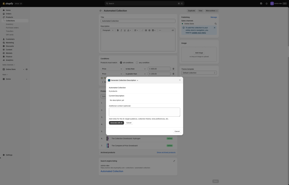 Collection description generation preview