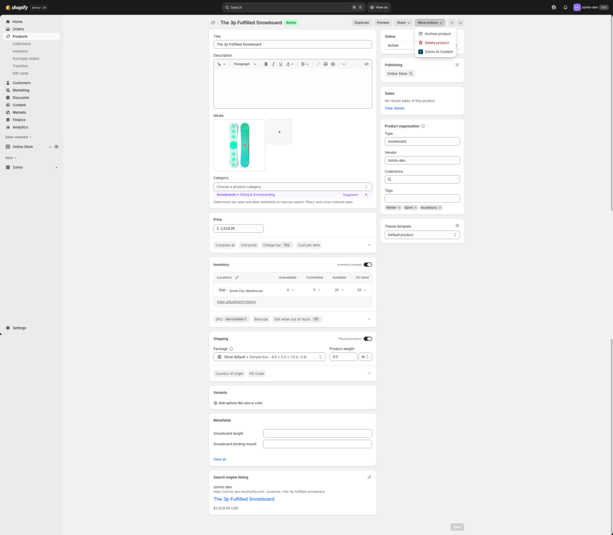 Shopify product page actions menu showing the Zolvio content generator action