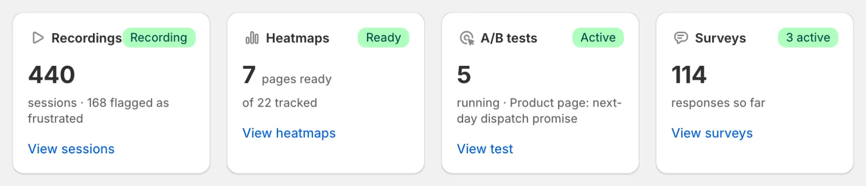 Recordings, Heatmaps, A/B tests and Surveys cards