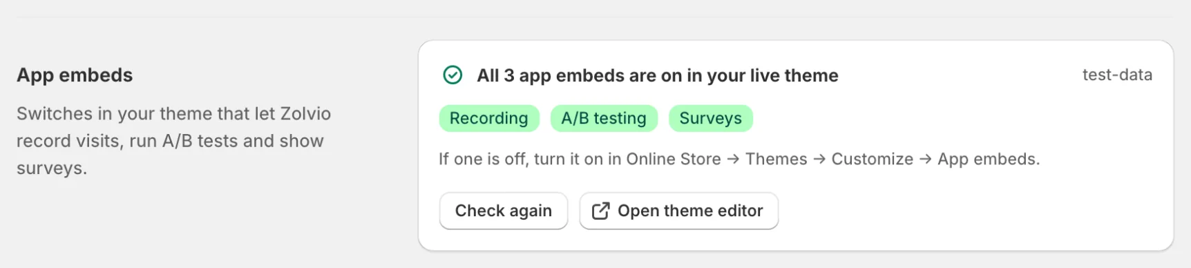 Zolvio Settings, App embeds: all 3 app embeds are on