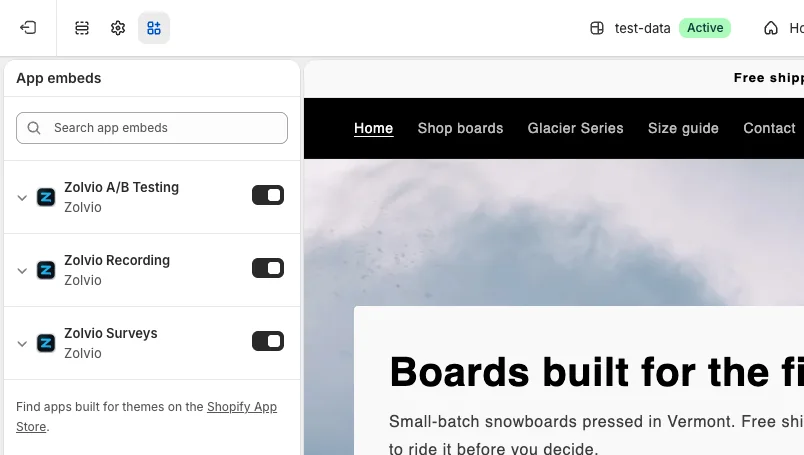 Shopify theme editor, App embeds: Zolvio A/B Testing, Zolvio Recording and Zolvio Surveys switched on
