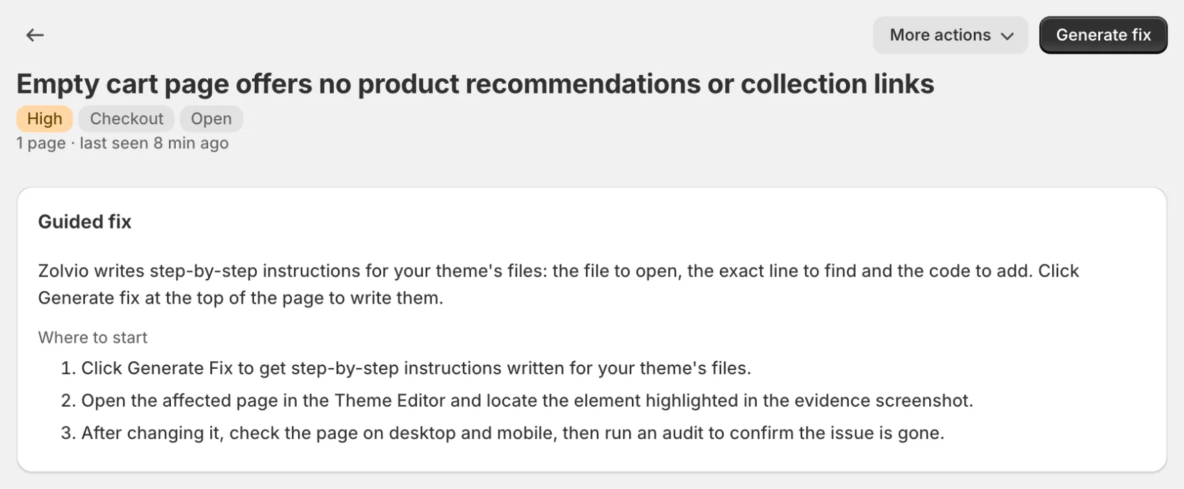 An issue without a written fix, with Generate fix