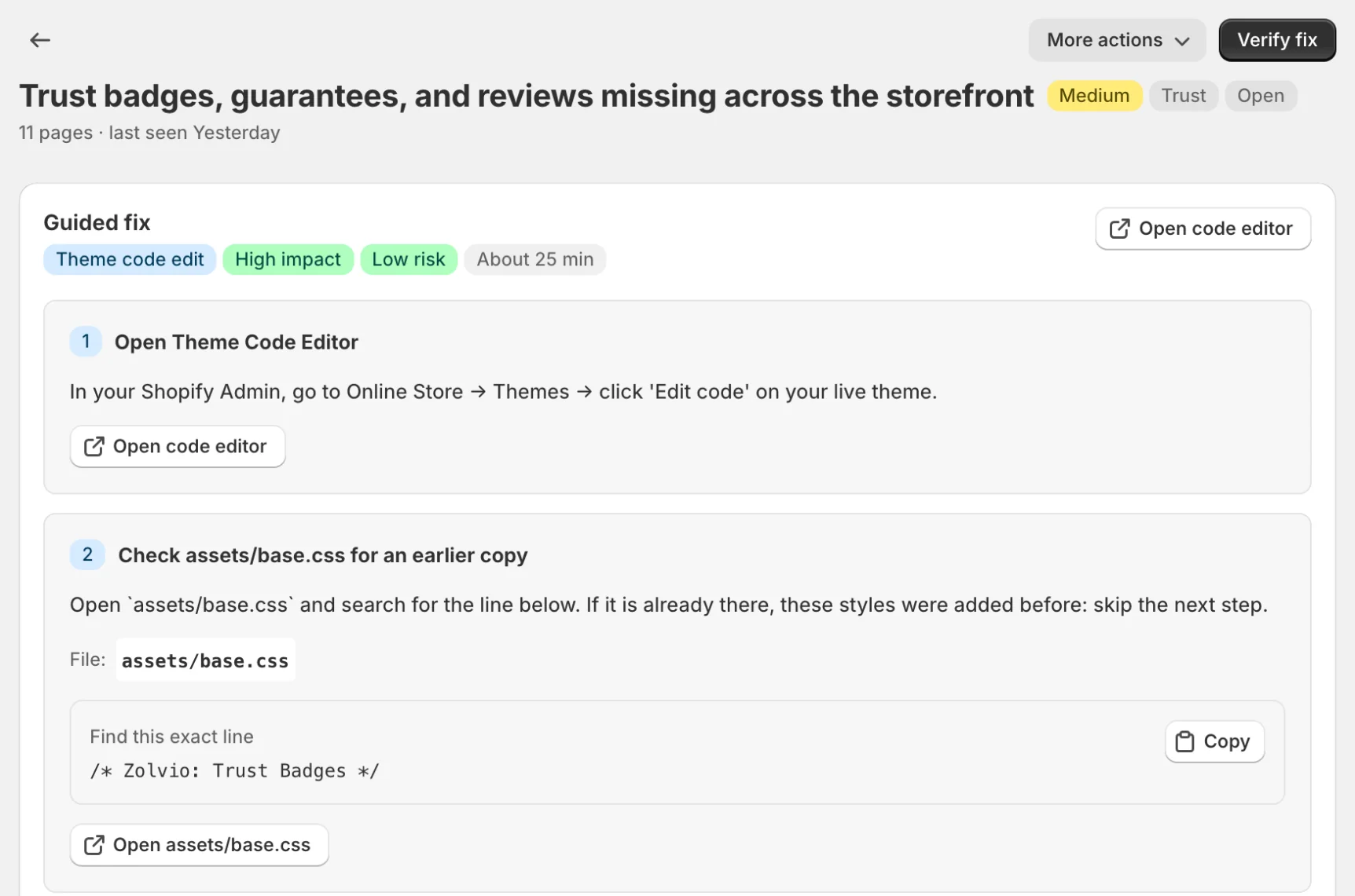 Guided fix card on an issue page