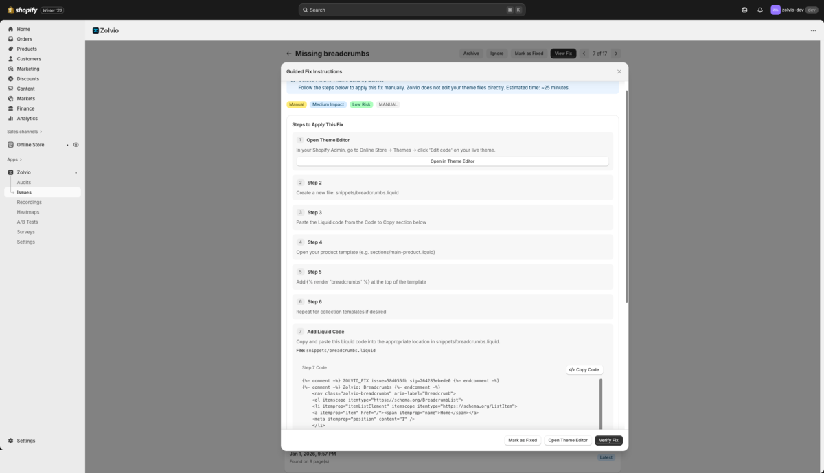 Guided fix steps in an issue
