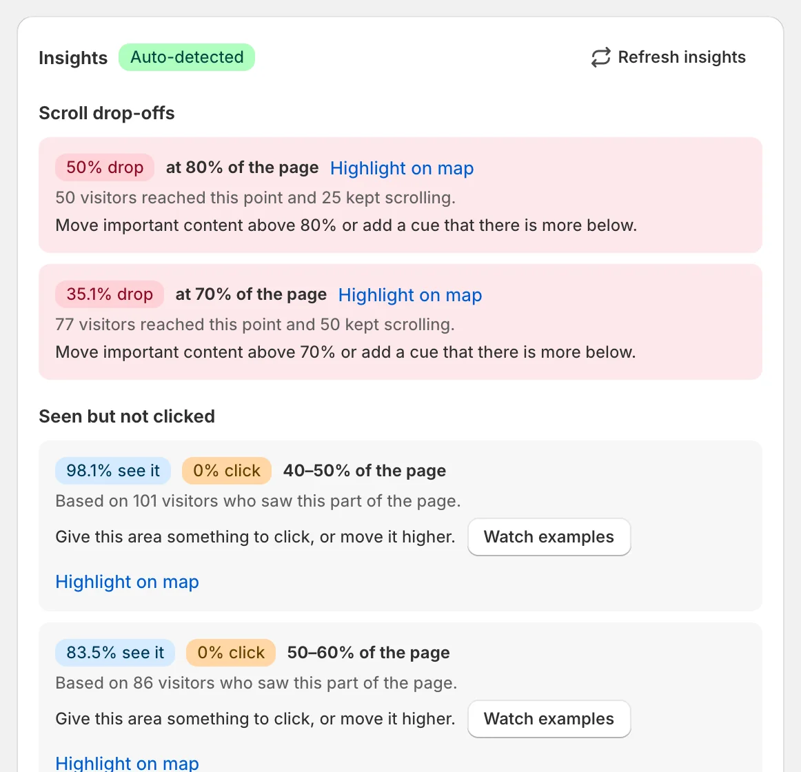 Insights card with scroll drop-offs and Seen but not clicked