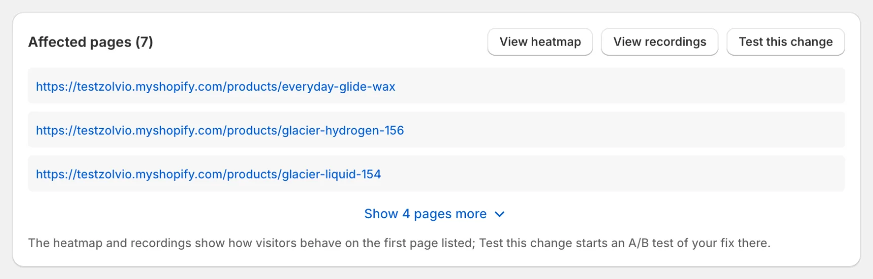 Affected pages card with View heatmap, View recordings and Test this change