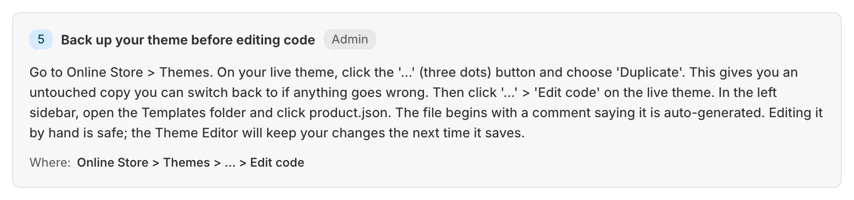 A guided fix step: back up your theme before editing code