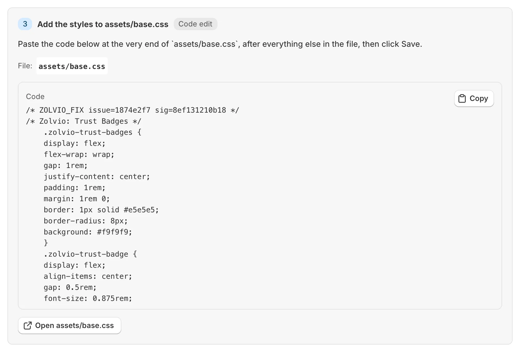 A guided fix step with the code to add and Open assets/base.css