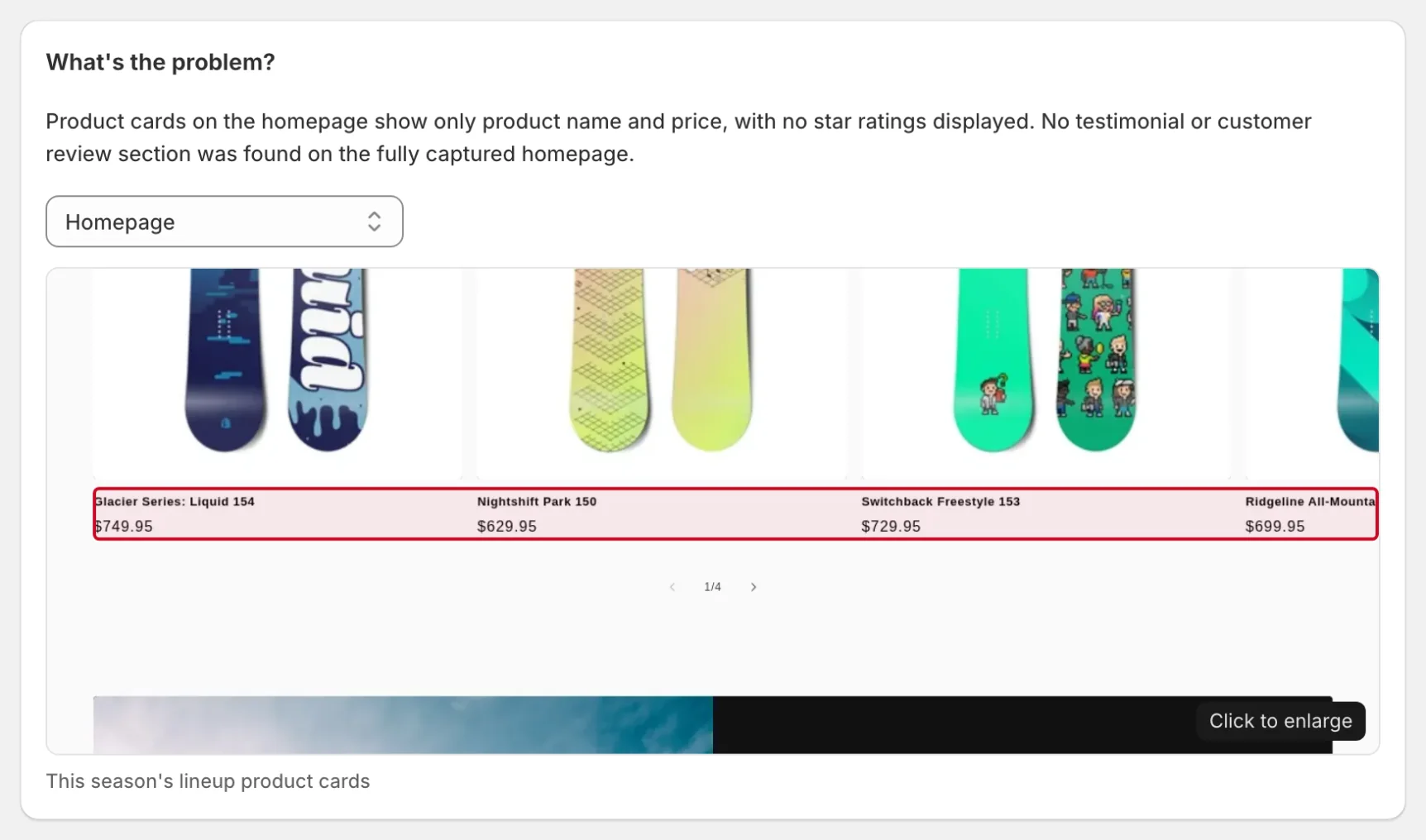 What's the problem card with an evidence screenshot