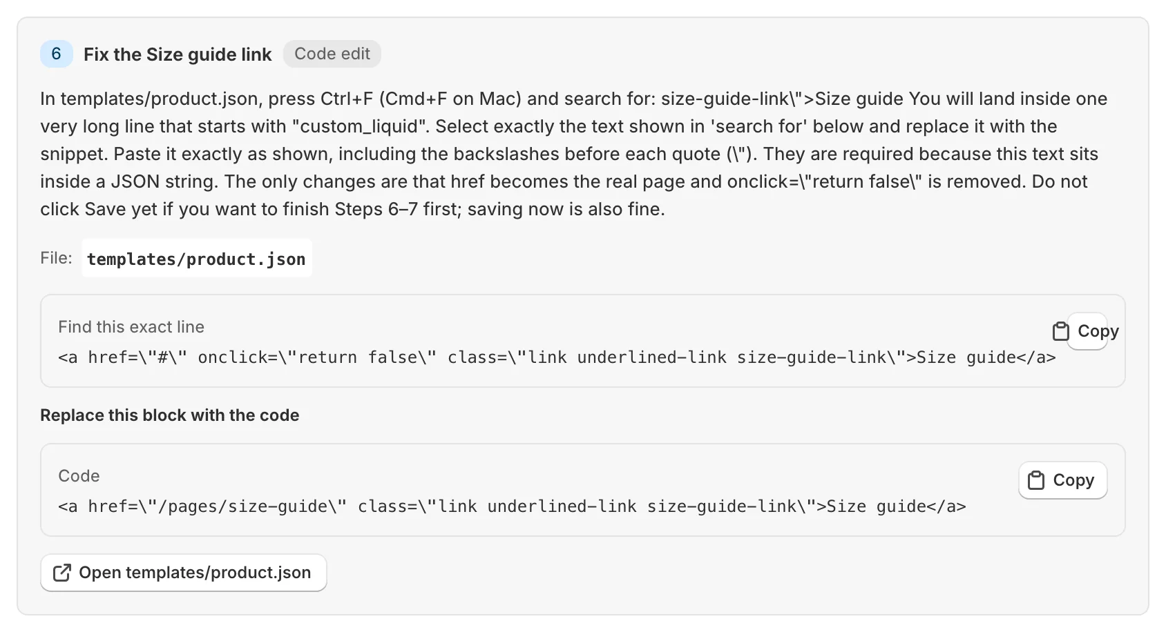 A guided fix code step with Open templates/product.json