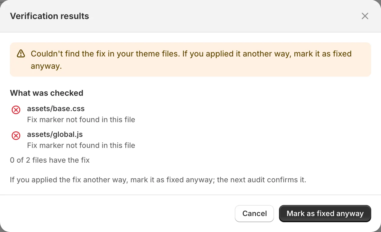 Verify fix results listing the theme files checked