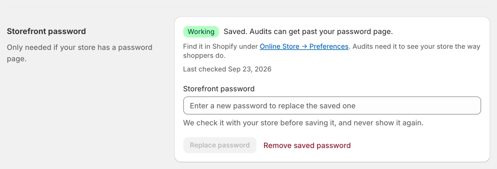Settings, Storefront password with the Working badge