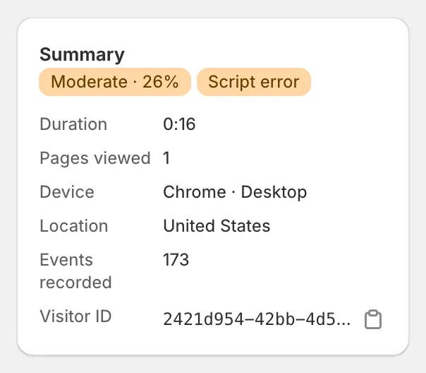 A recording's summary with a random visitor ID
