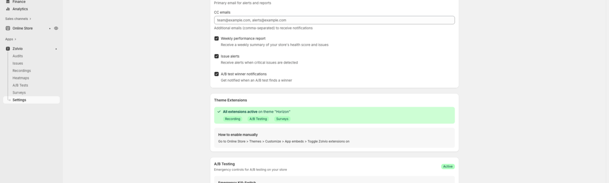 Zolvio app extension status banner showing recording enabled