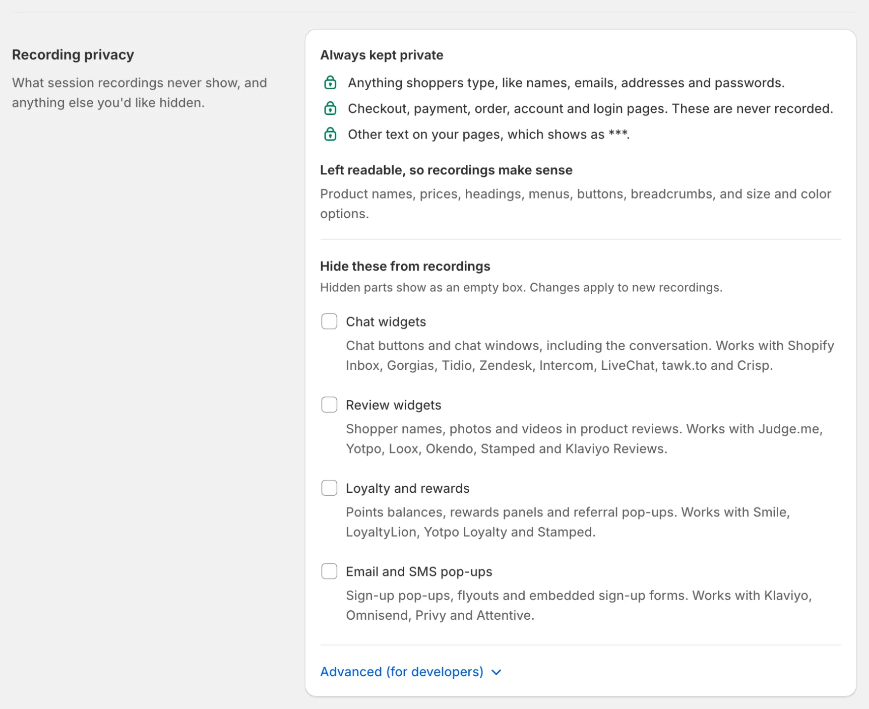 Settings, Recording privacy
