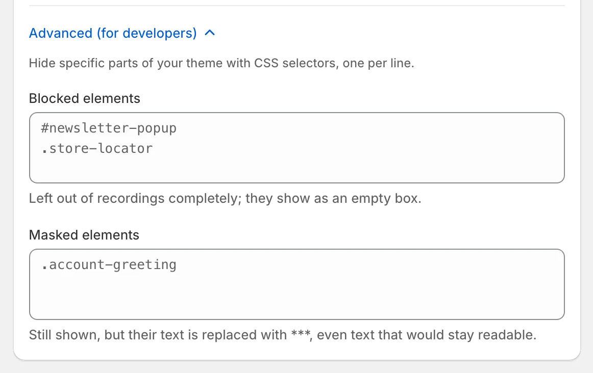 Recording privacy, Advanced: Blocked elements and Masked elements