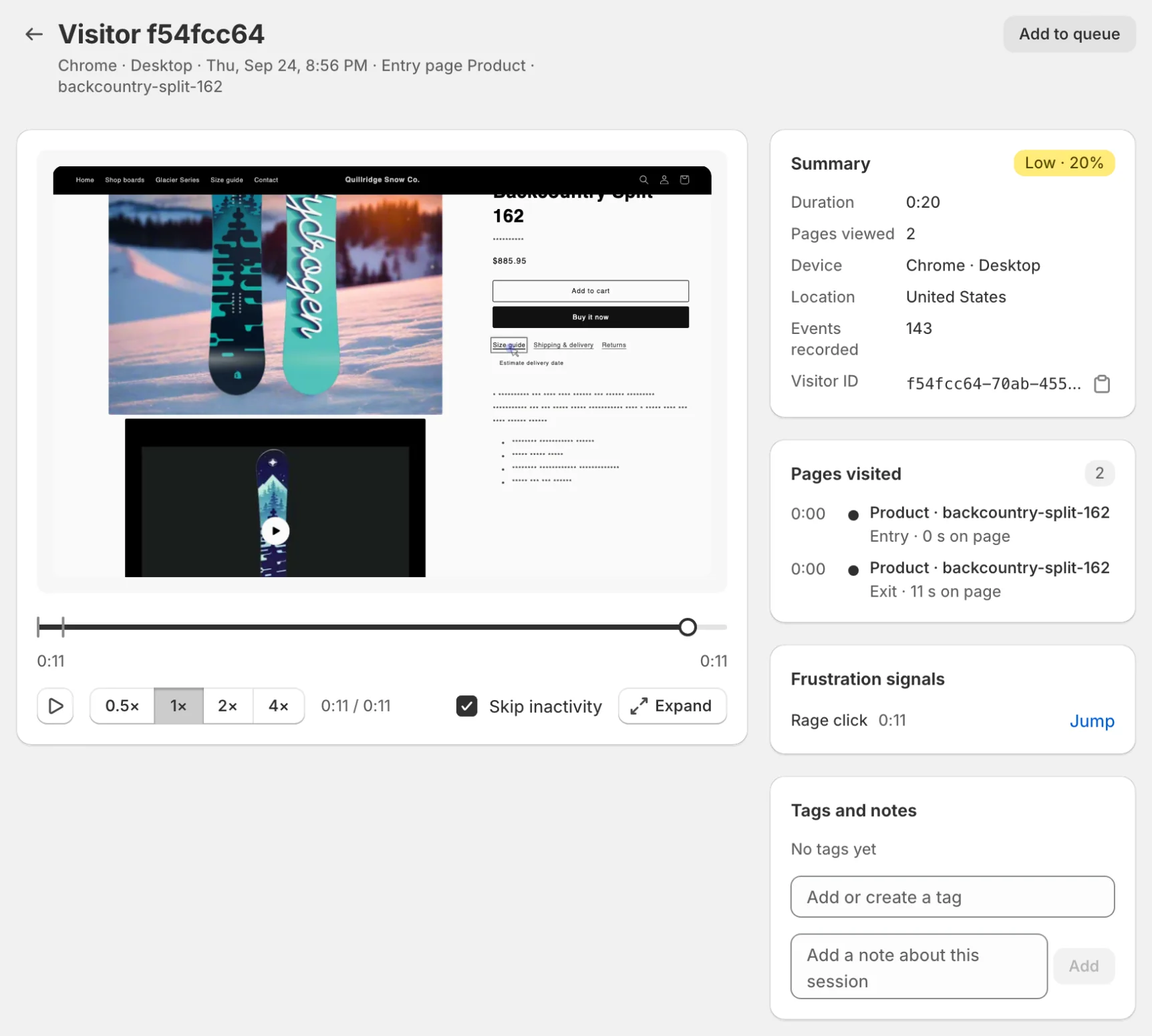 Session replay with the summary, pages visited and frustration signals