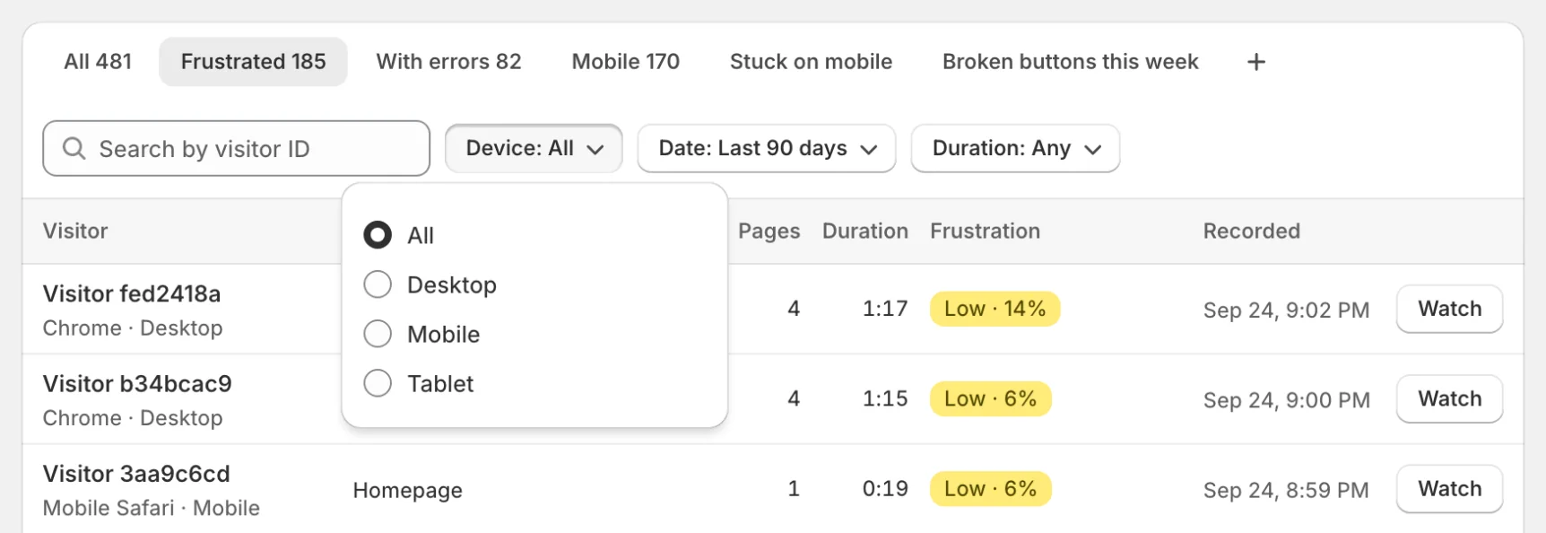 Recordings list with the Device filter open