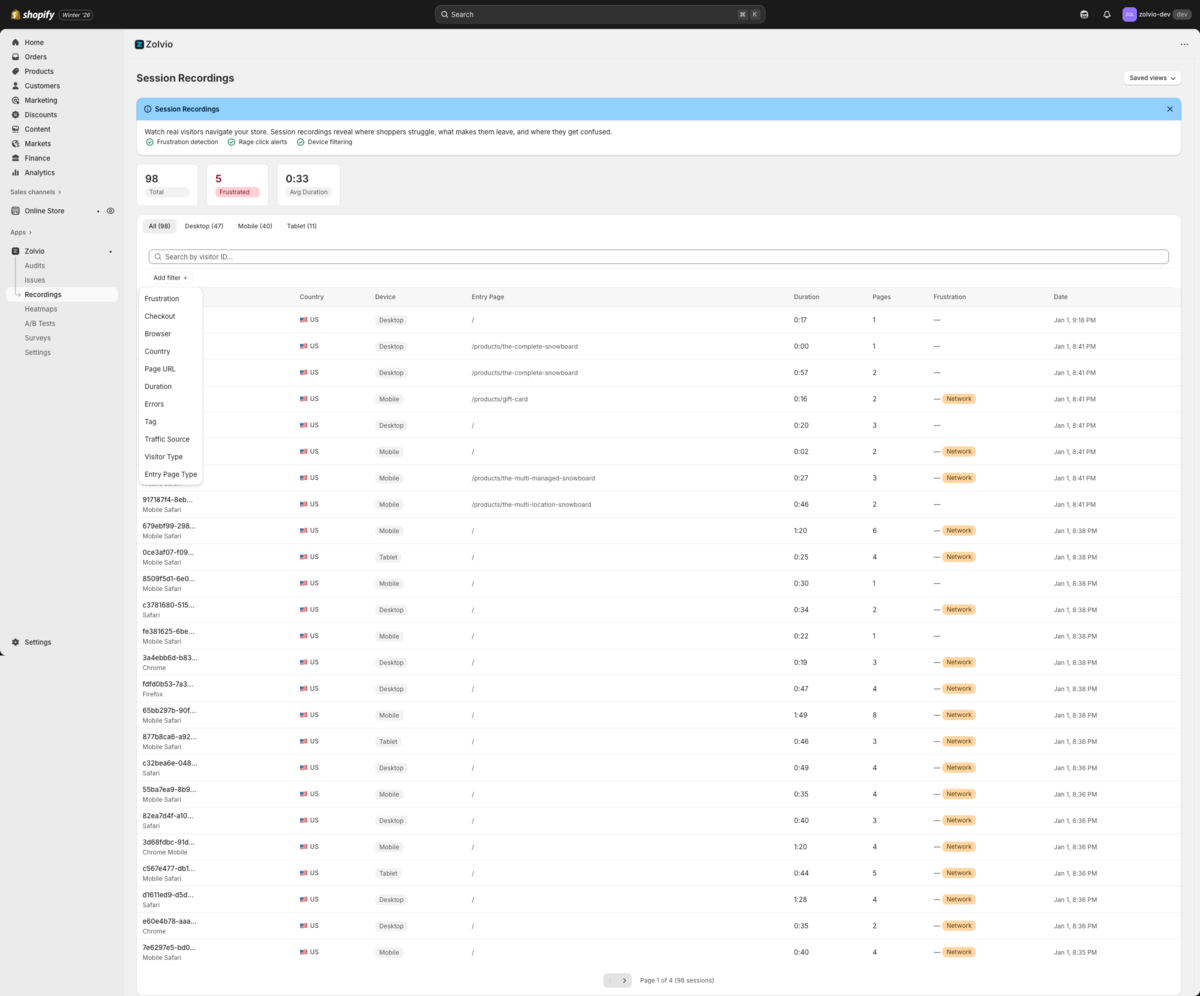 Sessions list filters