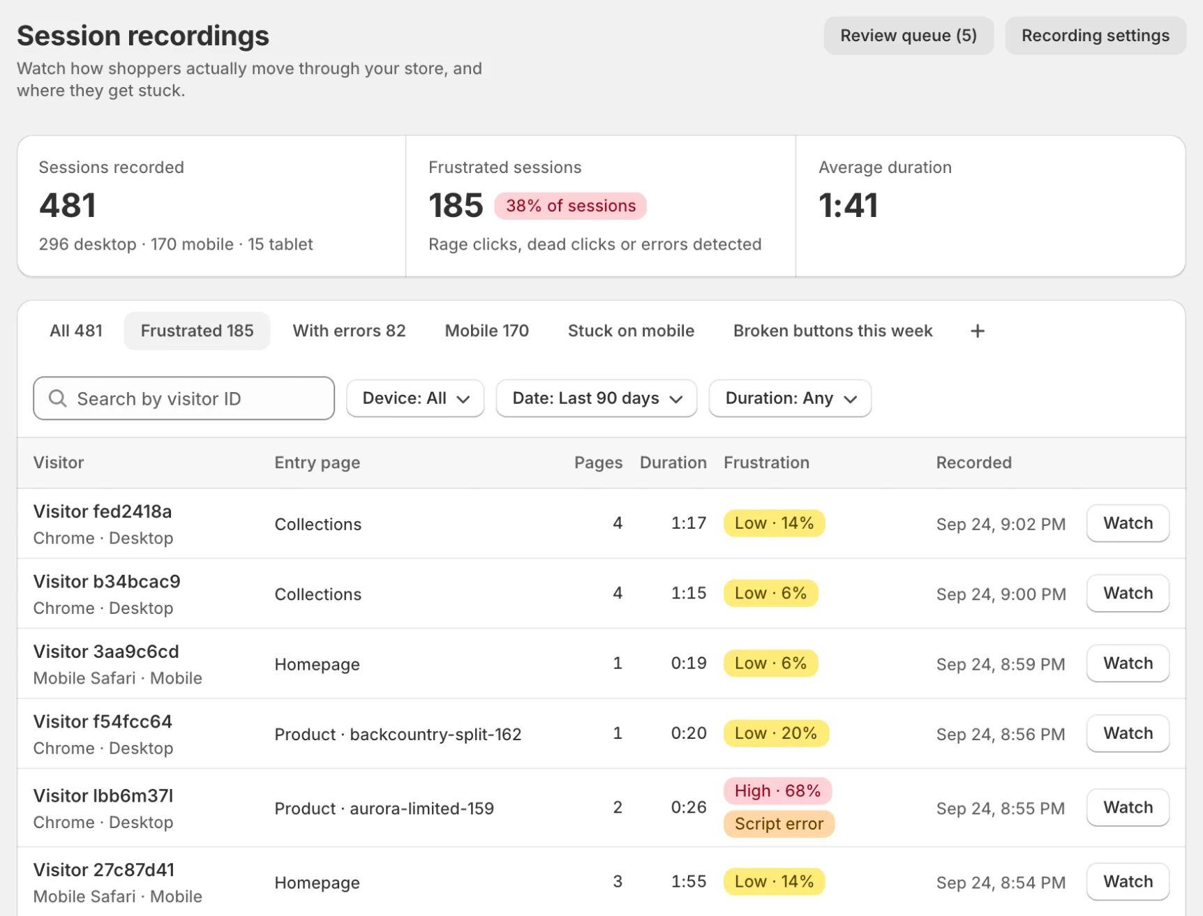 Session recordings list on the Frustrated tab