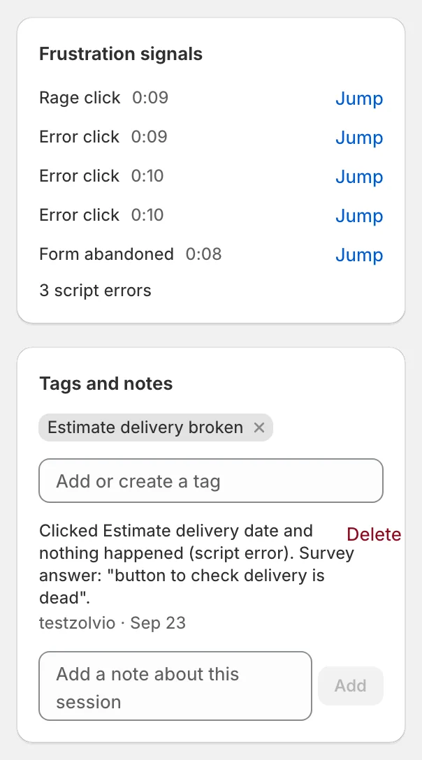 Frustration signals and Tags and notes cards