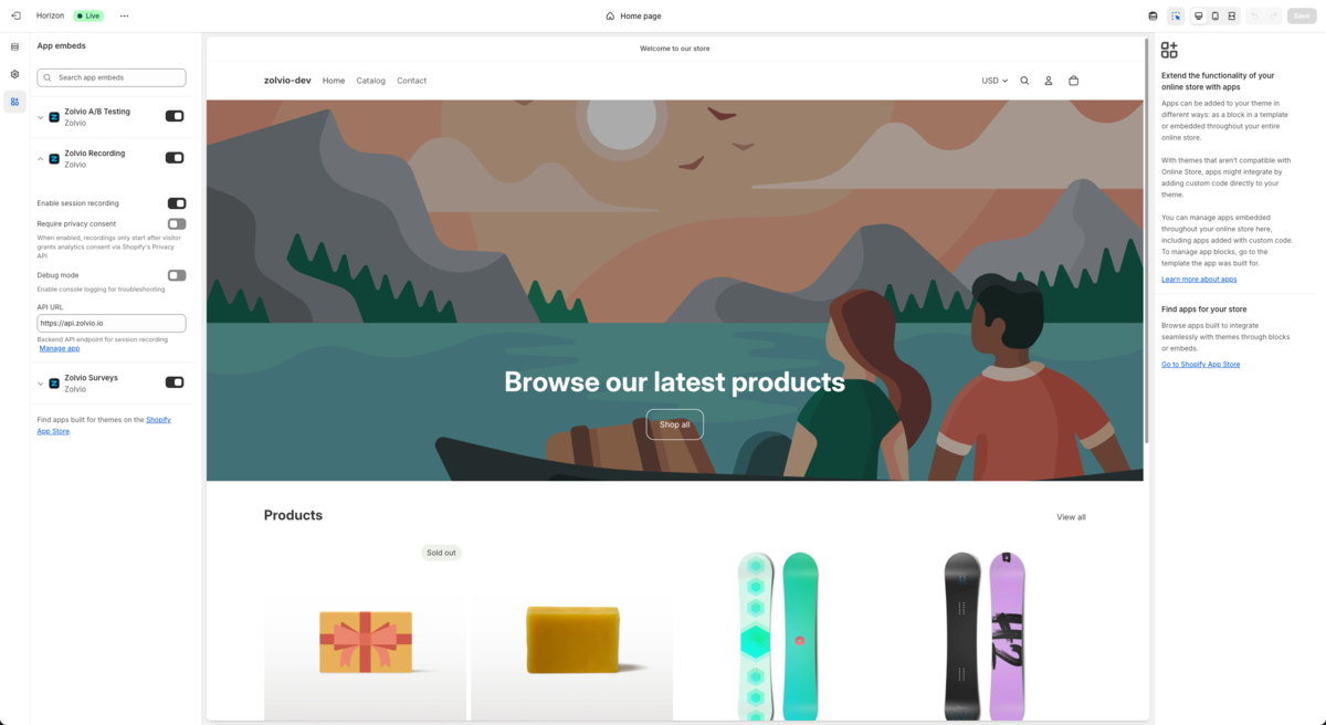 Shopify theme editor: Zolvio Recording app embed enabled