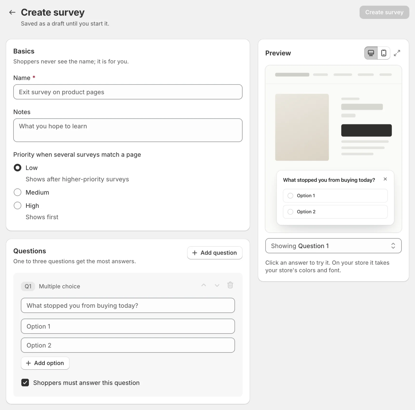 Create survey: Basics, Questions and the live Preview