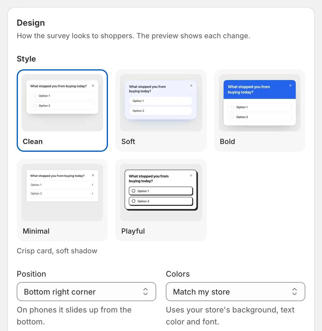 The Design card: five styles, position and colors