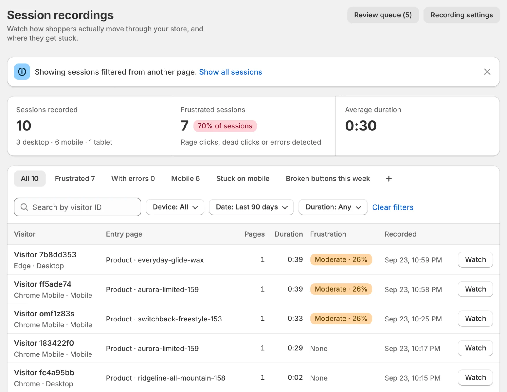 Recordings filtered to the shoppers behind a survey theme