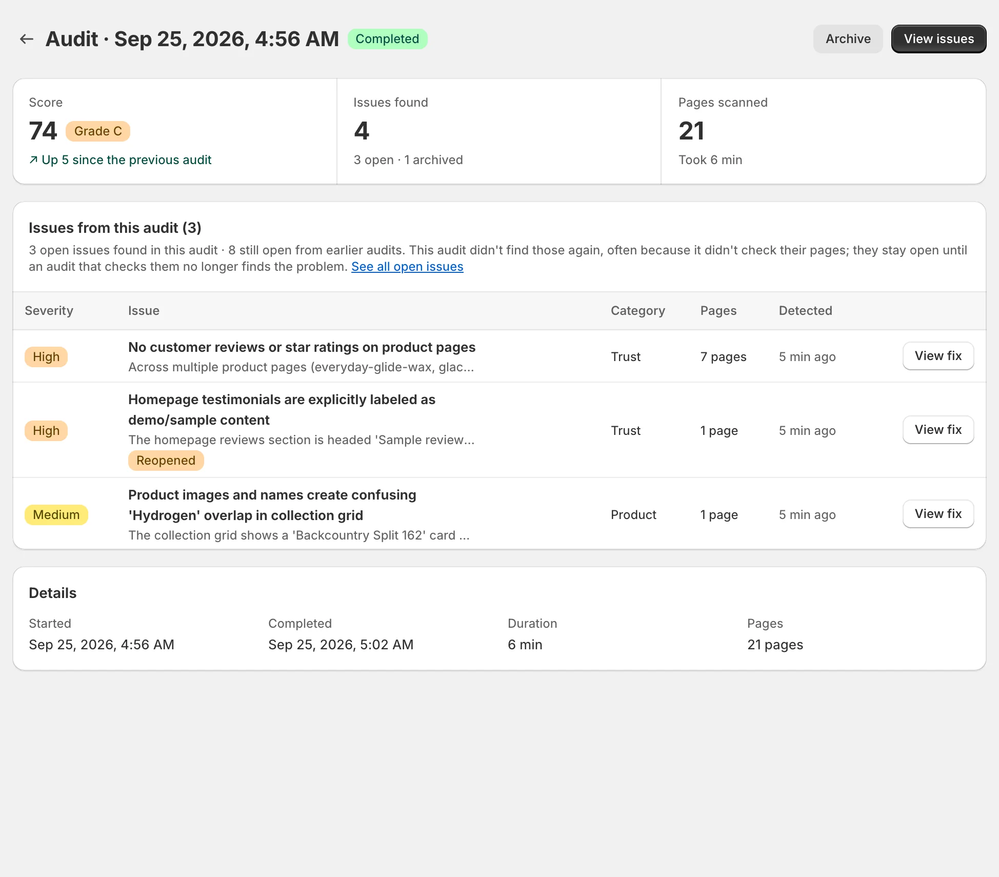 Final audit of the demo store: score 74, 4 issues from 21 pages