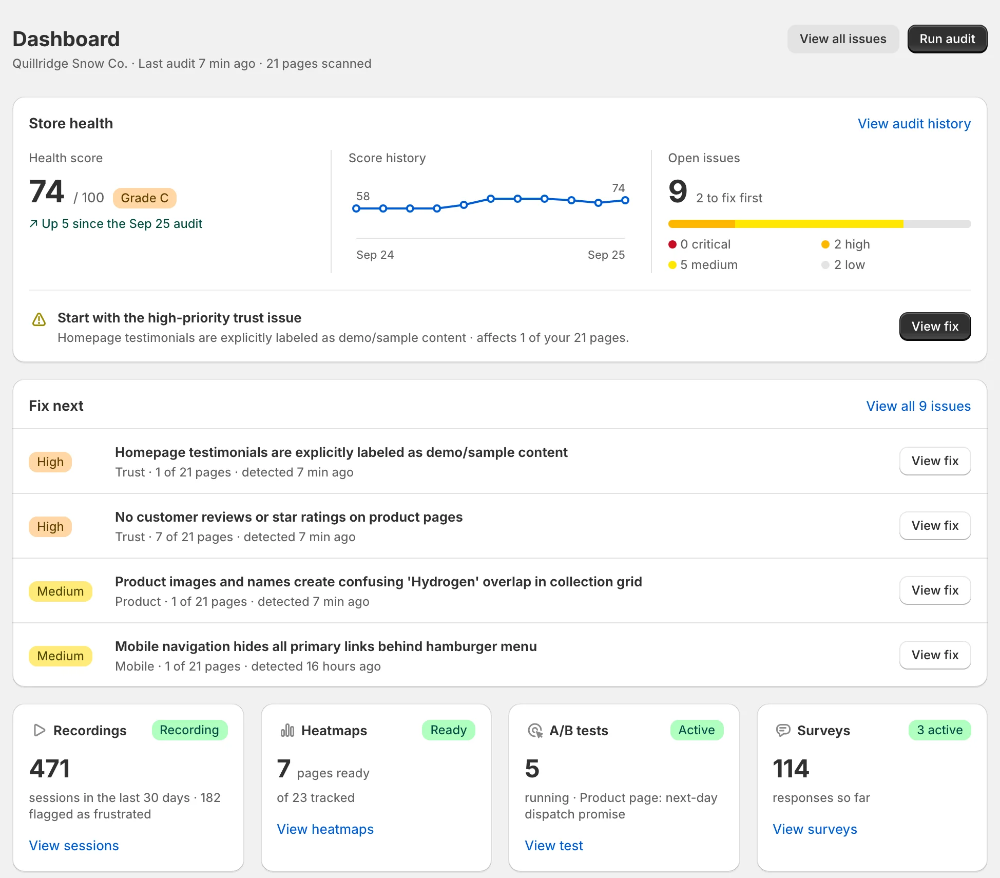 Zolvio dashboard for the demo store after the fixes: health score 74, grade C, 9 open issues and the ones to fix next