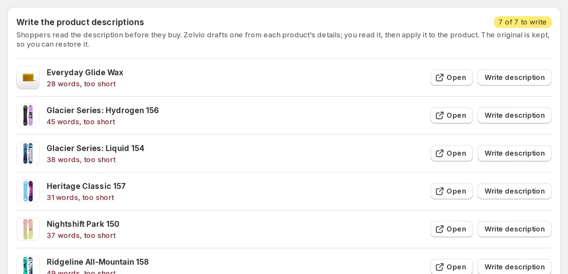 Write the product descriptions card listing demo store products whose descriptions are too short, each with Write description