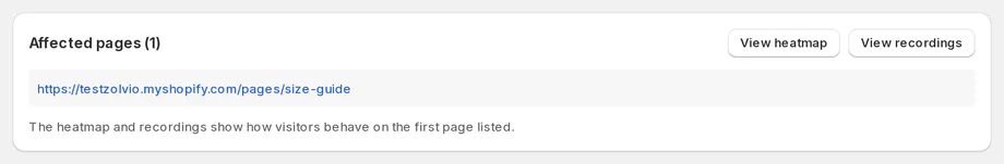 Affected pages card with View heatmap and View recordings buttons for the size guide page