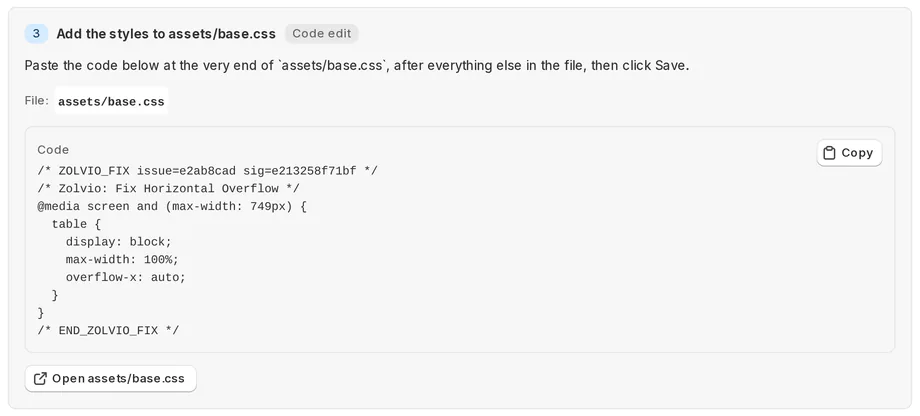 Guided fix step: add the styles to assets/base.css, with the exact CSS to paste and a link that opens the file