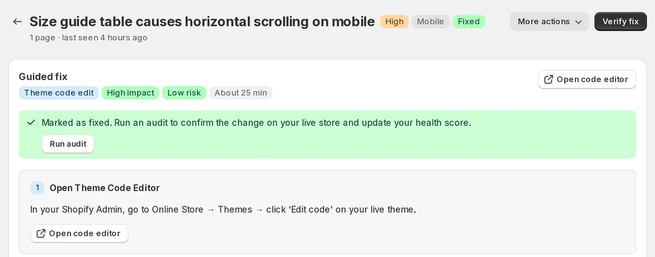 Demo store issue page for “Size guide table causes horizontal scrolling on mobile” with a Verify fix button and the first guided-fix step, Open code editor
