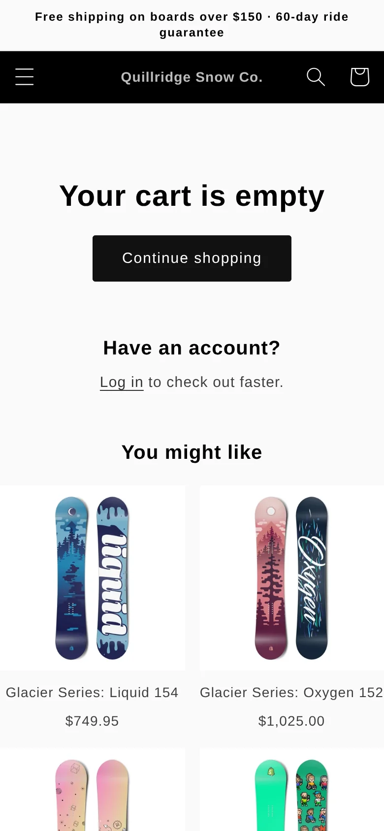 The same empty cart after the fixes: You might like, with boards to browse under Continue shopping
