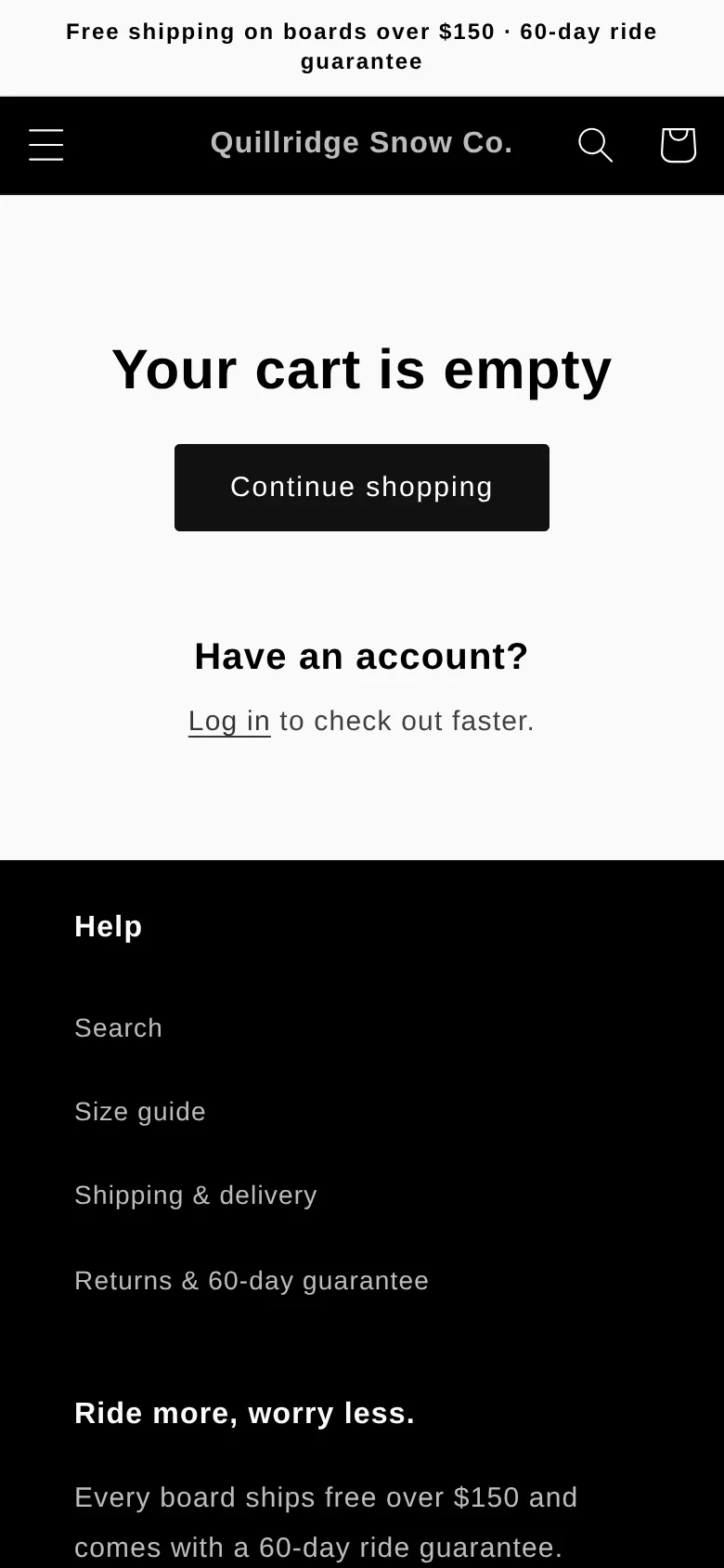 The demo store’s empty cart on a phone before the fixes: a Continue shopping button and nothing else to browse