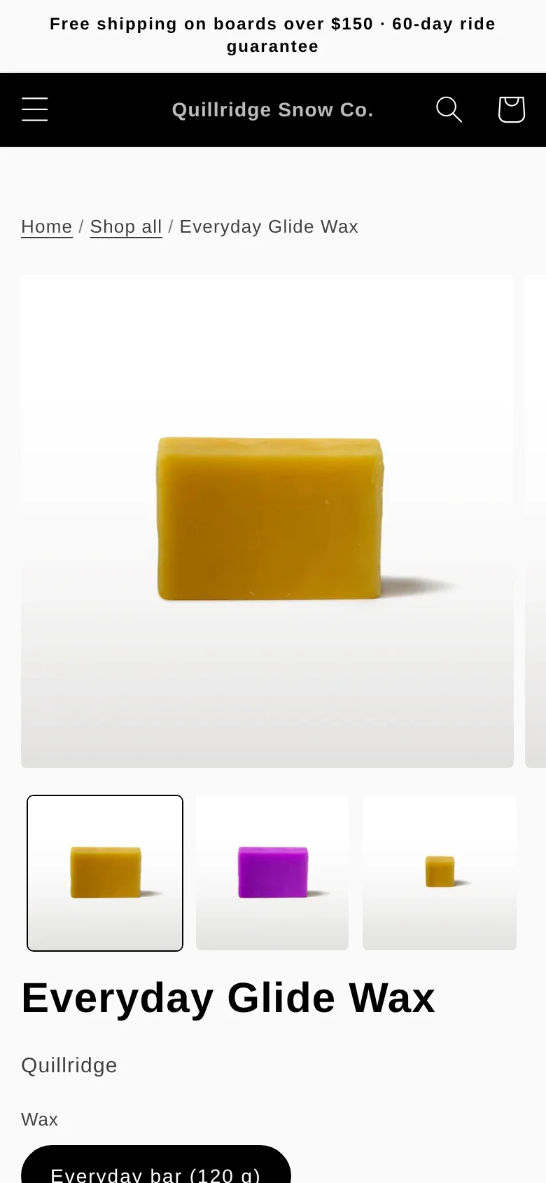 The same page after the fixes: breadcrumbs, a thumbnail for each wax, and options named Everyday bar (120 g), Special purple bar and Sample cube