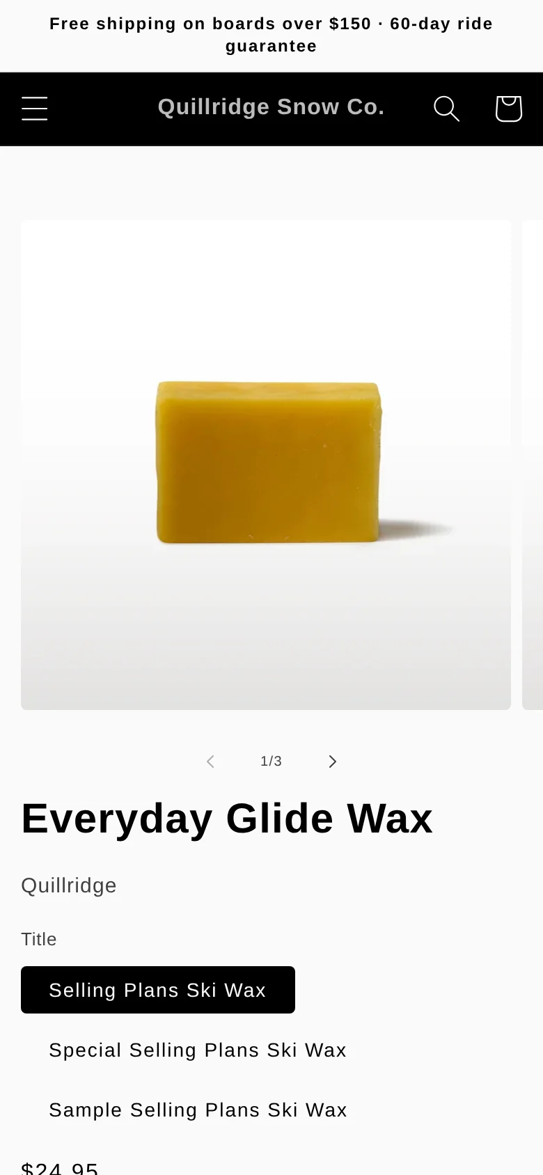The wax product page on a phone before the fixes: options named Selling Plans Ski Wax, Special Selling Plans Ski Wax and Sample Selling Plans Ski Wax