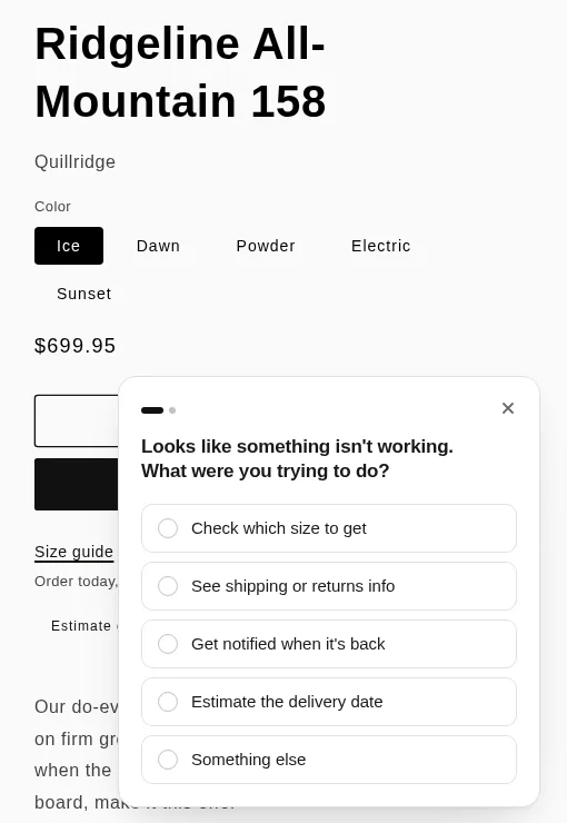 A Zolvio survey on the demo store’s product page asking what the shopper was trying to do