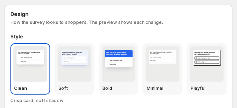 Survey design picker with five styles: Clean, Soft, Bold, Minimal and Playful